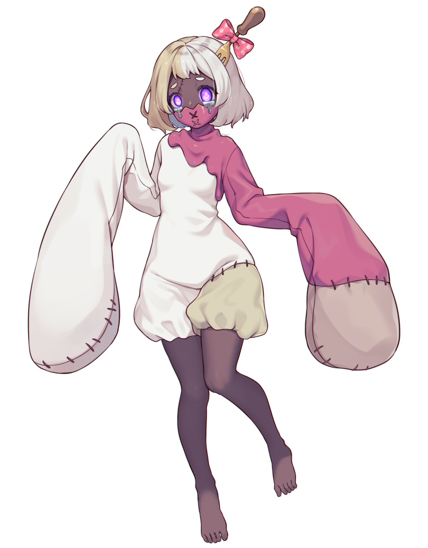 1girl, absurdres, bangs, black_skin, blonde_hair, crying, crying_with_eyes_open, fork_hair_ornament