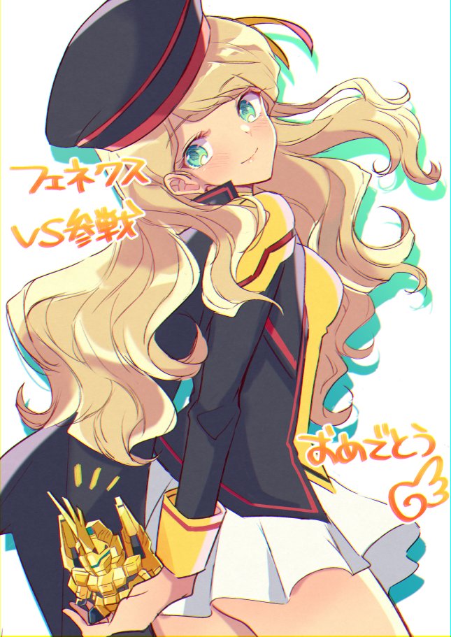 1girl, blonde_hair, breasts, chibi, gundam, gundam_narrative, hat, hato-as