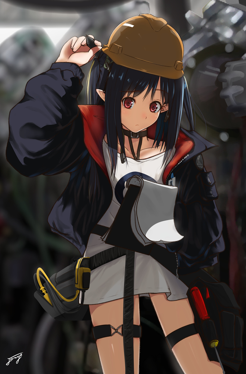 1girl, arknights, artist_name, bangs, black_choker, black_hair, black_jacket, blurry, blurry_background, breasts, choker, closed_mouth, closure_(arknights), collarbone, cowboy_shot, english_commentary, expressionless, eyebrows_visible_through_hair, hair_between_eyes, hardhat, helmet, highres, holding, holding_marker, holding_paper, id_card, j_orange, jacket, lanyard, long_hair, long_sleeves, looking_at_viewer, marker, open_clothes, open_jacket, paper, pointy_ears, red_eyes, science, shirt, signature, solo, thigh_strap, tool_belt, white_shirt