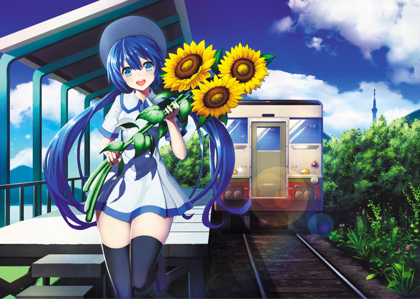 1girl, :d, aqua_eyes, black_legwear, blue_hair, blush, clouds, defiaz_(infinity)