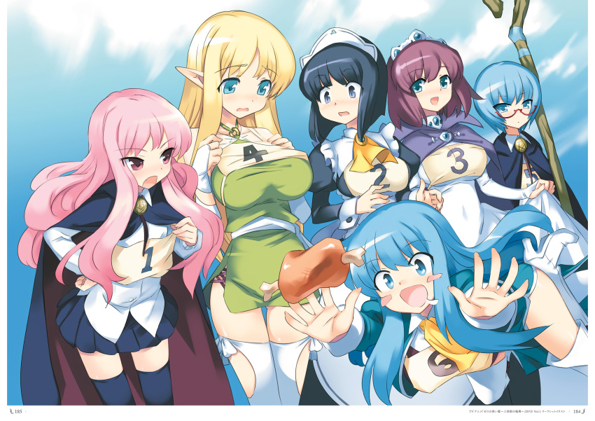 6+girls, black_hair, blonde_hair, blue_eyes, blue_hair, blush, blush_stickers, boned_meat