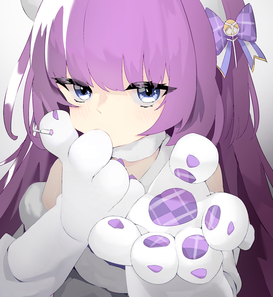 1girl, azur_lane, bangs, blue_bow, blue_eyes, bow, cat_paws, commentary, dress, grey_background, hair_bow, hairband, half-closed_eyes, long_hair, looking_at_viewer, paws, plaid, plaid_bow, purple_hair, sidelocks, simple_background, solo, tashkent_(azur_lane), tashkent_(muse)_(azur_lane), upper_body, viroa, white_dress