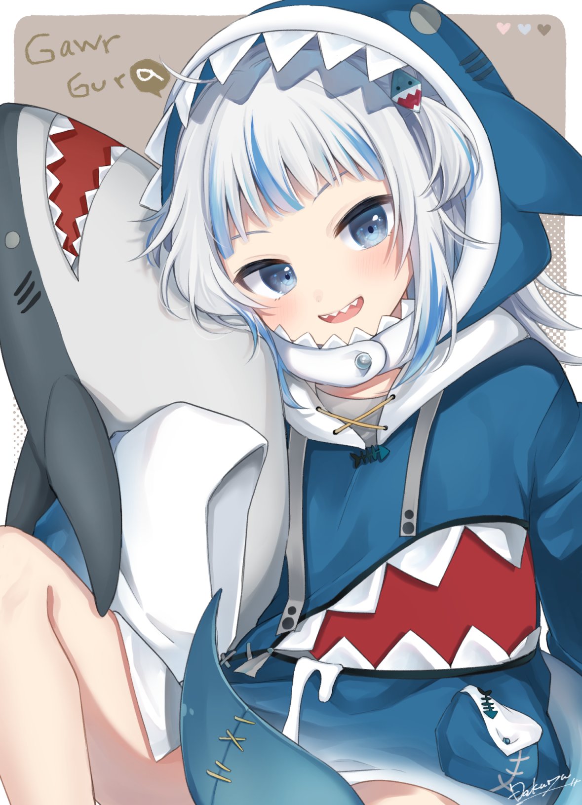 1girl, :d, animal_costume, animal_hood, bangs, blue_eyes, blue_hair, blue_hoodie