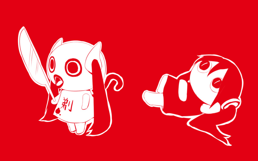 2girls, aimaina, apple_dot_com_(vocaloid), arm_support, blood, bloody_clothes, commentary, doushite-chan, dress, fangs, head_rest, highres, holding, holding_knife, knee_up, knife, lazy, long_hair, lying, multiple_girls, no_mouth, official_art, on_side, open_mouth, pinocchio-p, tail, twintails, very_long_hair, vocaloid