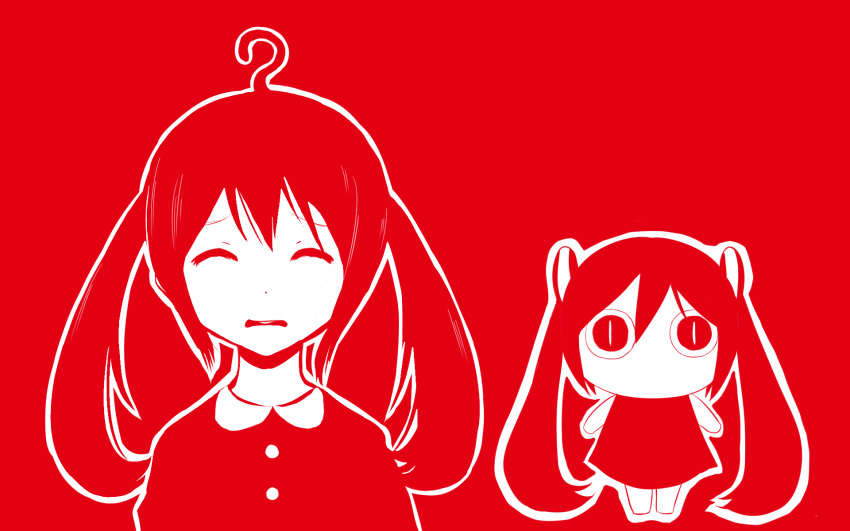 2girls, ^_^, ahoge, aimaina, apple_dot_com_(vocaloid), closed_eyes, commentary, dress