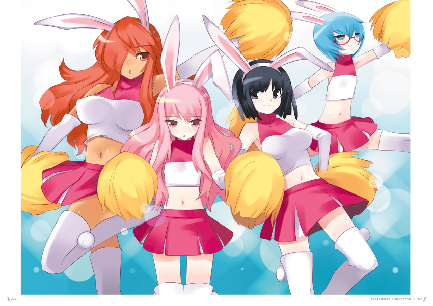 4girls, animal_ears, blue_hair, breasts, cheerleader, dark_skin, flat_chest, highres