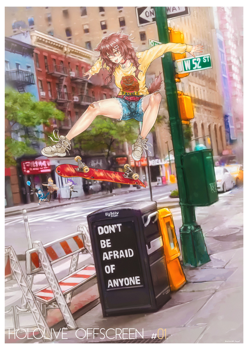 4girls, adapted_costume, animal_ears, apartment, bandaid, bandaid_on_knee, belt, bone_hair_ornament, border, braid, breasts, building, caption, car, choker, city, crosswalk, cutoff_jeans, cutoffs, denim, denim_shorts, dog_ears, dog_tail, fangs, fire_escape, full_body, gawr_gura, ground_vehicle, hair_ornament, highres, hololive, hololive_english, hololive_indonesia, inugami_korone, jumping, kuon_(kwonchanji), long_hair, medium_breasts, messy_hair, moona_hoshinova, motor_vehicle, multiple_girls, new_york, newspaper_box, one_way_sign, open_mouth, outstretched_arms, parked_car, paw_pendant, photo_background, road, road_sign, running, shirt, shoelaces, shoes, shorts, sign, skateboard, skateboarding, sneakers, street, sweatshirt, tail, thigh-highs, tree, twin_braids, virtual_youtuber, watson_amelia, white_border, yellow_shirt