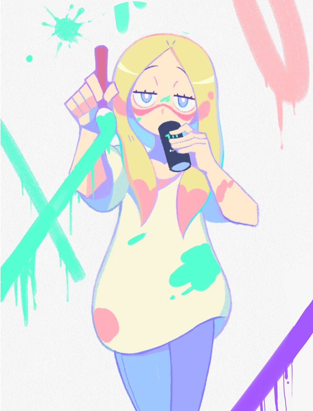 1girl, blonde_hair, blue_pants, bright_pupils, cowboy_shot, denaseey, drinking, dripping