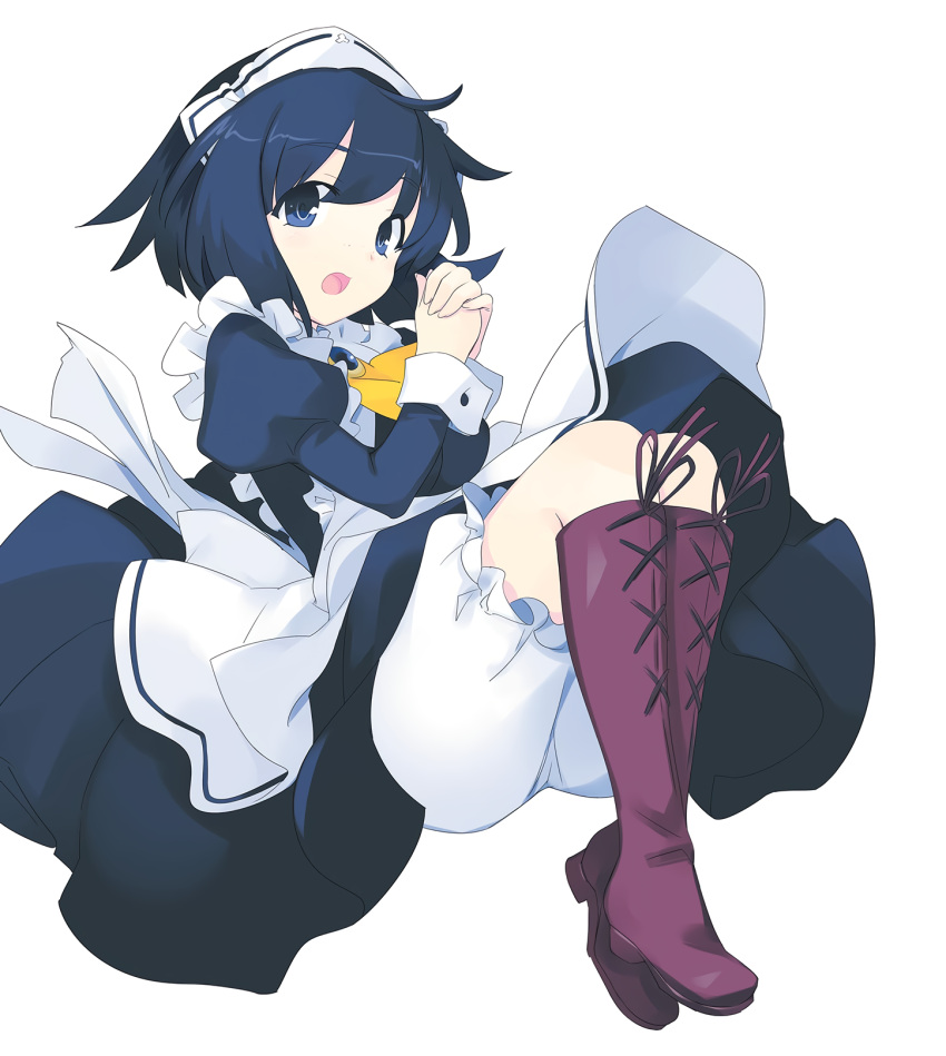 1girl, apron, ascot, black_eyes, black_hair, bloomers, boots, highres