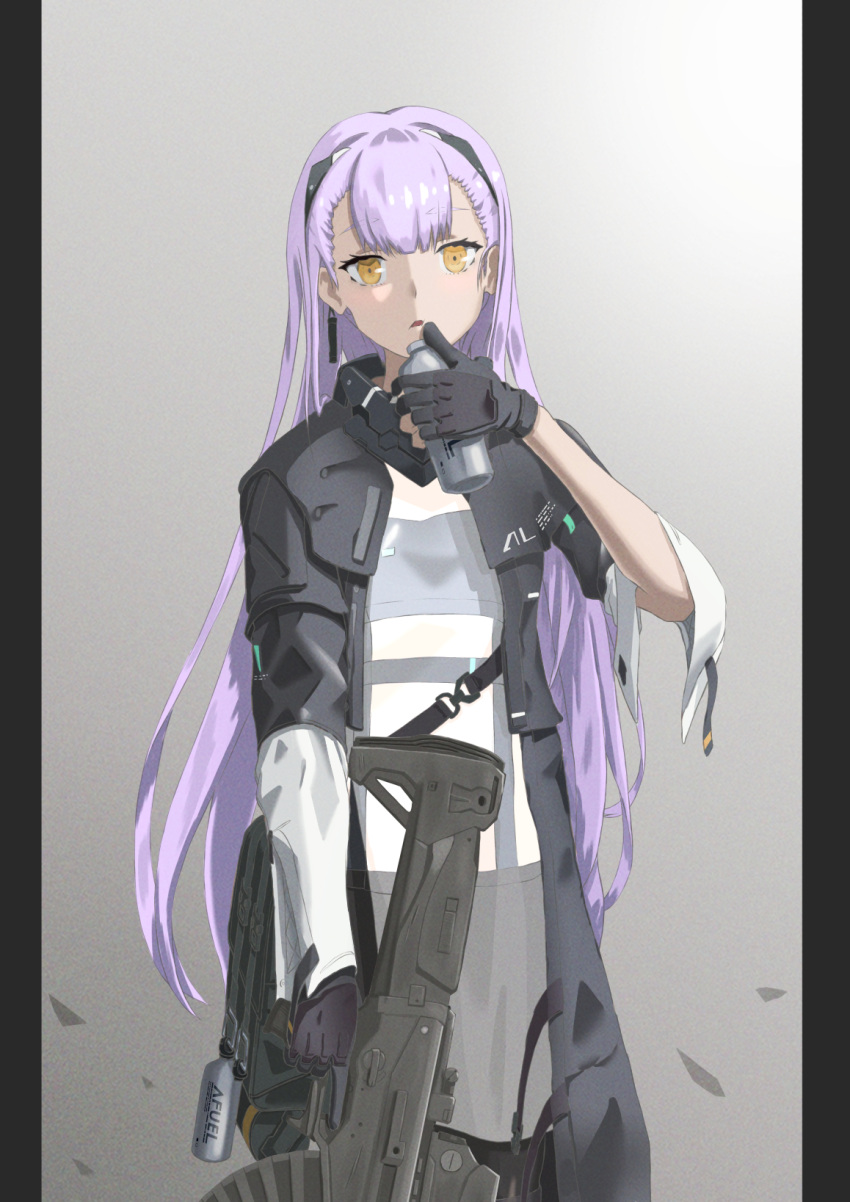 1girl, ak-alfa, ak-alfa_(girls_frontline), black_gloves, bottle, drink, earrings, eyebrows_visible_through_hair