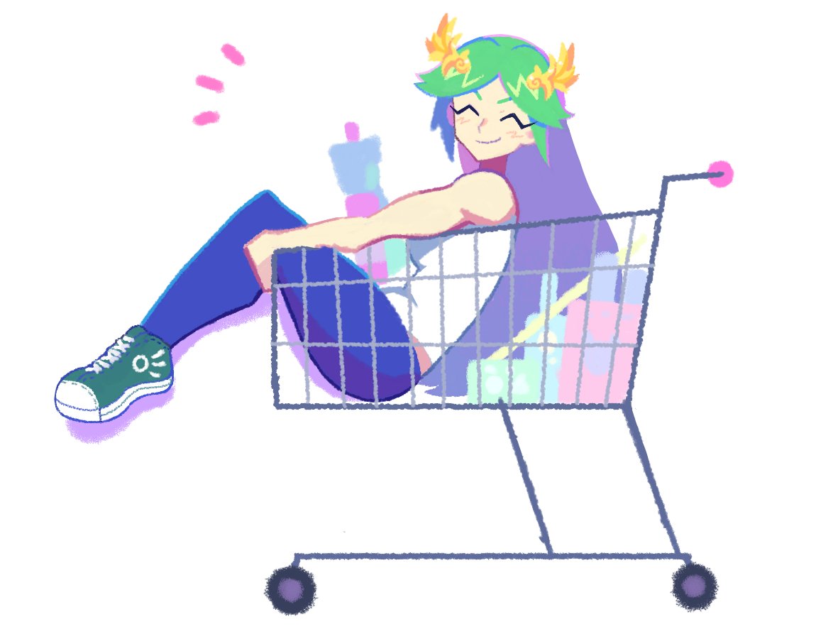 1girl, blue_pants, blush, closed_eyes, denaseey, full_body, green_footwear, green_hair