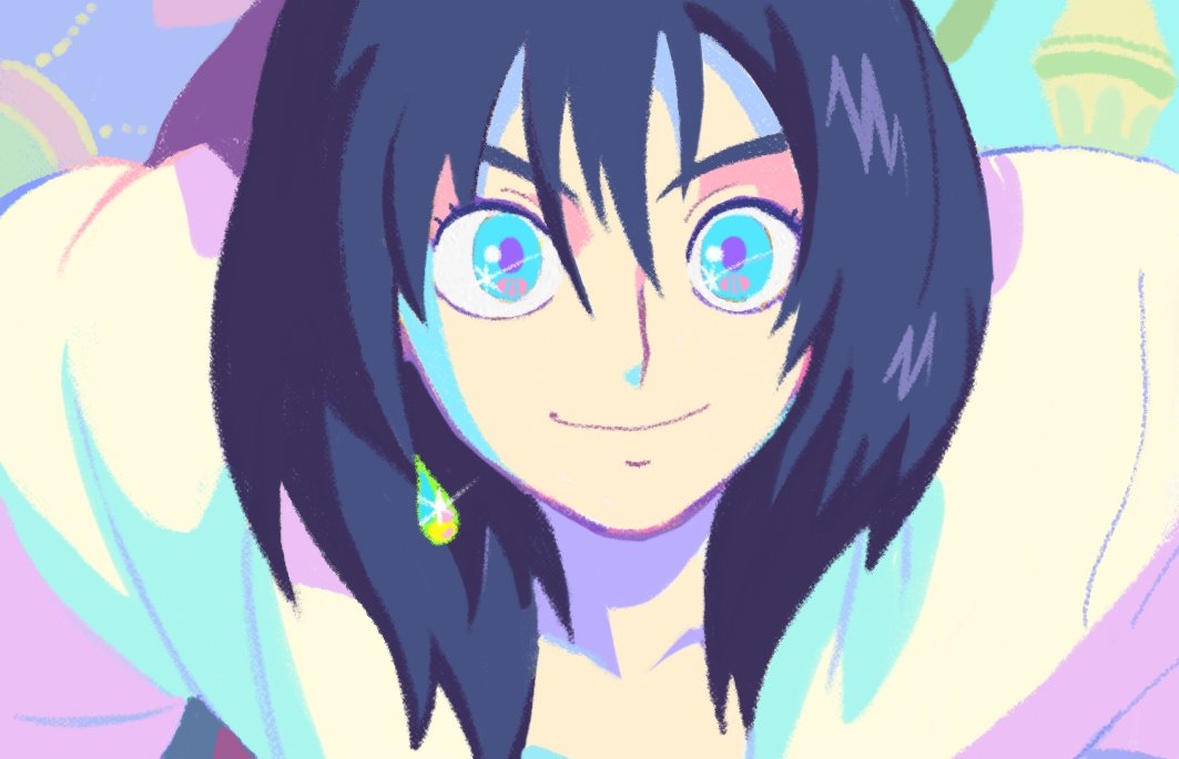 1boy, aqua_eyes, black_hair, denaseey, derivative_work, glint, hair_between_eyes, howl_(howl_no_ugoku_shiro)