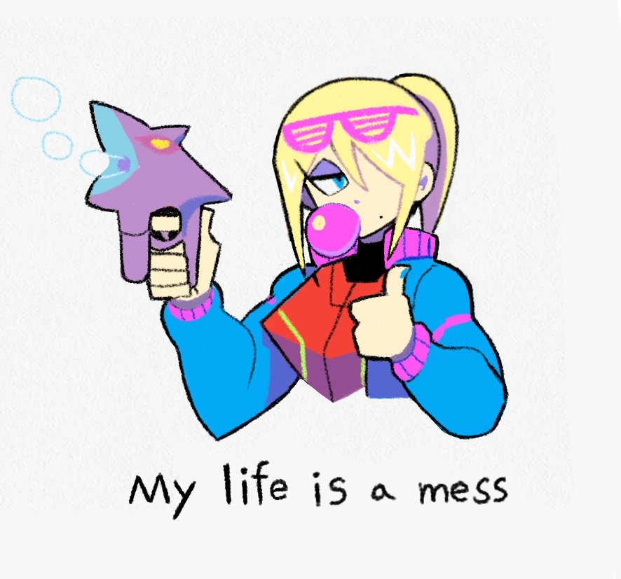 1girl, blonde_hair, blue_eyes, blue_jacket, bubble, bubble_blowing, bubble_gun, chewing_gum, cropped_torso, denaseey, english_text, eyeshadow, eyewear_on_head, hair_over_one_eye, half-closed_eyes, jacket, makeup, metroid, mole, mole_under_mouth, pink-framed_eyewear, ponytail, samus_aran, shutter_shades, simple_background, solo, thumbs_up, varia_suit, white_background