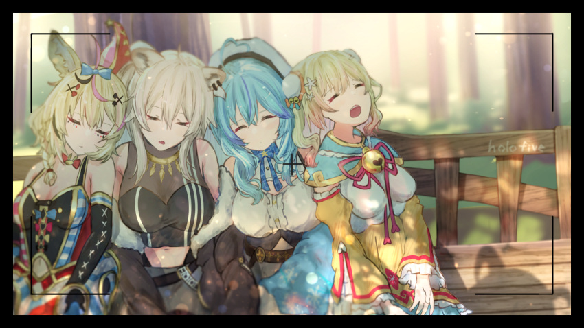 4girls, ahoge, animal_ears, bell, bench, blonde_hair, blue_hair, blurry, bun_cover, camera, crop_top, day, depth_of_field, ear_clip, eyeshadow, forest, grey_hair, hat, highres, holofive, hololive, horns, jester_cap, jingle_bell, leaning_on_person, lion_ears, long_hair, makeup, mano_aloe, momosuzu_nene, multiple_girls, nature, navel, omaru_polka, open_mouth, outdoors, park_bench, railing, red_eyeshadow, shadow, shishiro_botan, showgirl_skirt, sidelocks, sitting, sleeping, tree, uni_hand, viewfinder, virtual_youtuber, when_you_see_it, wooden_railing, yukihana_lamy