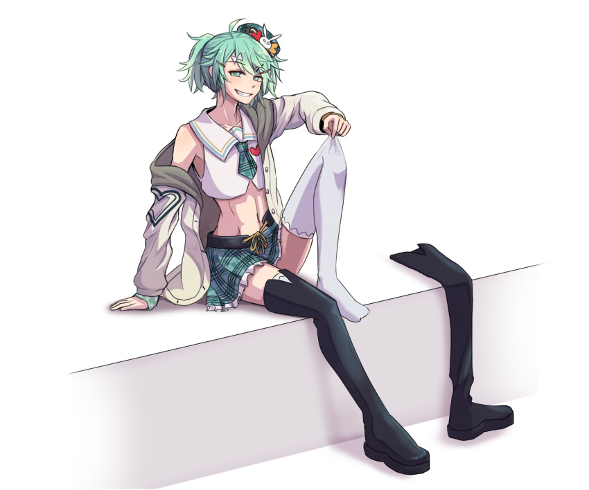 1boy, ahoge, arm_support, black_legwear, blush, boots, collarbone, commentary