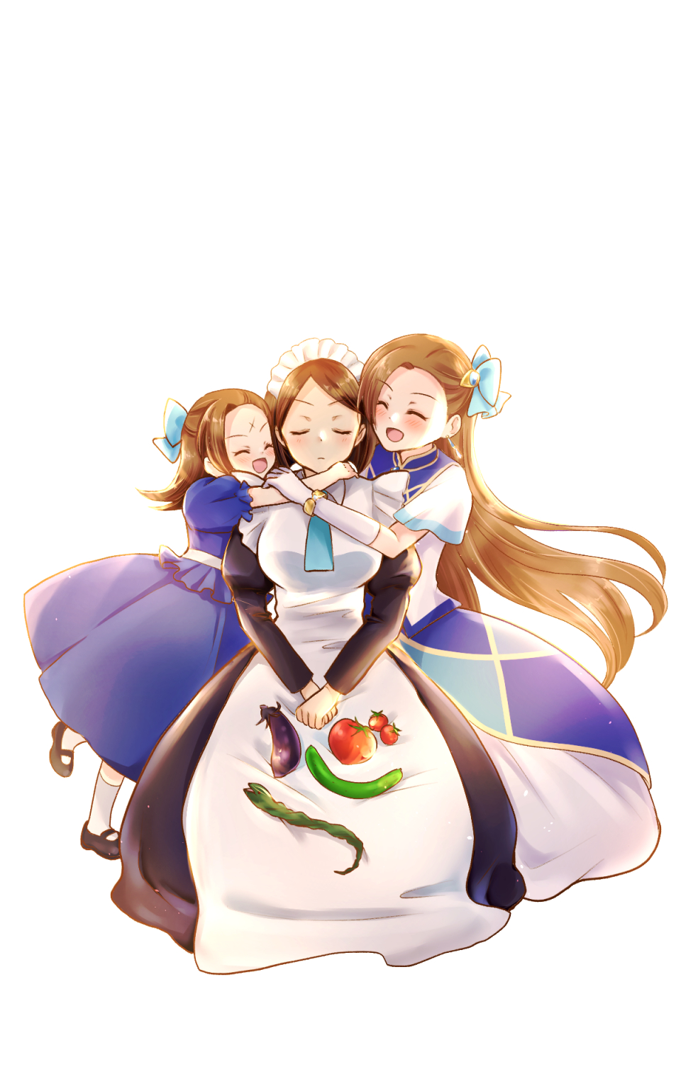3girls, :d, anne_shelley, apron, aqua_neckwear, ascot, asymmetrical_bangs, backlighting, bangs, black_dress, black_hair, blue_bow, blue_dress, blunt_ends, blush, bob_cut, bow, bracelet, closed_eyes, closed_mouth, collared_dress, commentary, cucumber, dress, earrings, eggplant, facing_another, facing_viewer, forehead_scar, gloves, hair_bow, hair_ornament, happy, high_collar, highres, hug, jewelry, juliet_sleeves, katarina_claes, kneeling, leaning_forward, light_frown, long_hair, long_sleeves, maid, maid_apron, maid_headdress, mary_janes, medium_dress, medium_hair, morino_ikura, multiple_girls, open_mouth, otome_game_no_hametsu_flag_shika_nai_akuyaku_reijou_ni_tensei_shite_shimatta, puffy_sleeves, shoes, short_hair, short_sleeves, simple_background, smile, socks, standing, standing_on_one_leg, time_paradox, tomato, v_arms, white_apron, white_background, white_gloves, white_legwear, wing_collar, younger