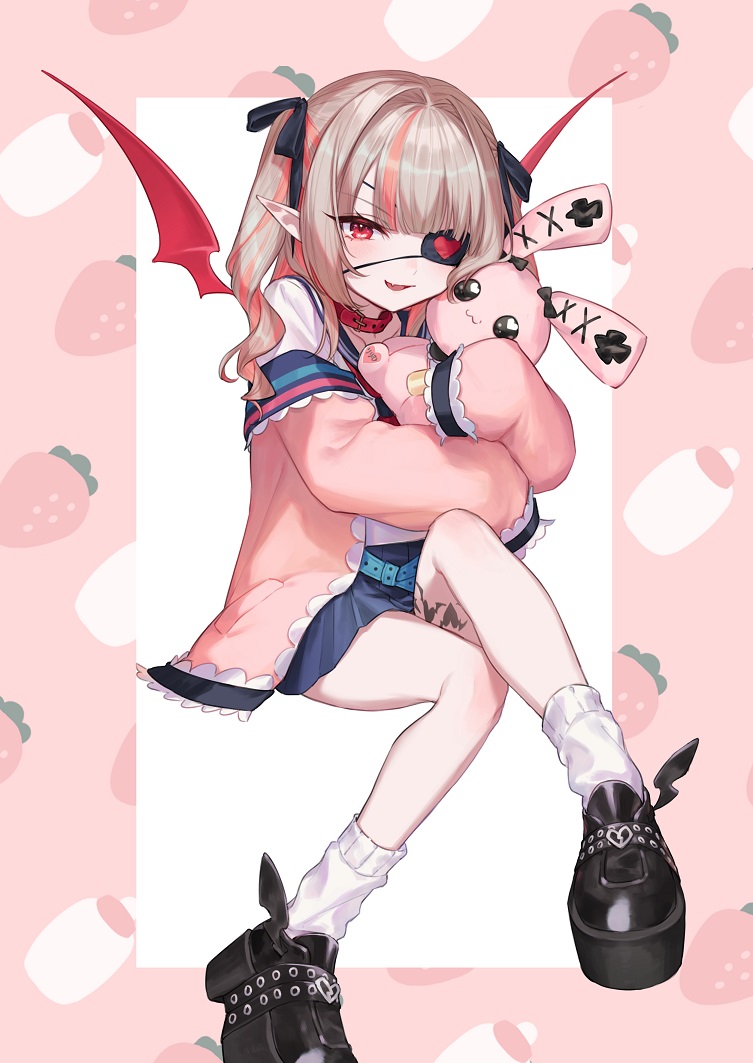 1girl, bangs, black_bow, black_footwear, blue_sailor_collar, blue_skirt, bow, brown_hair