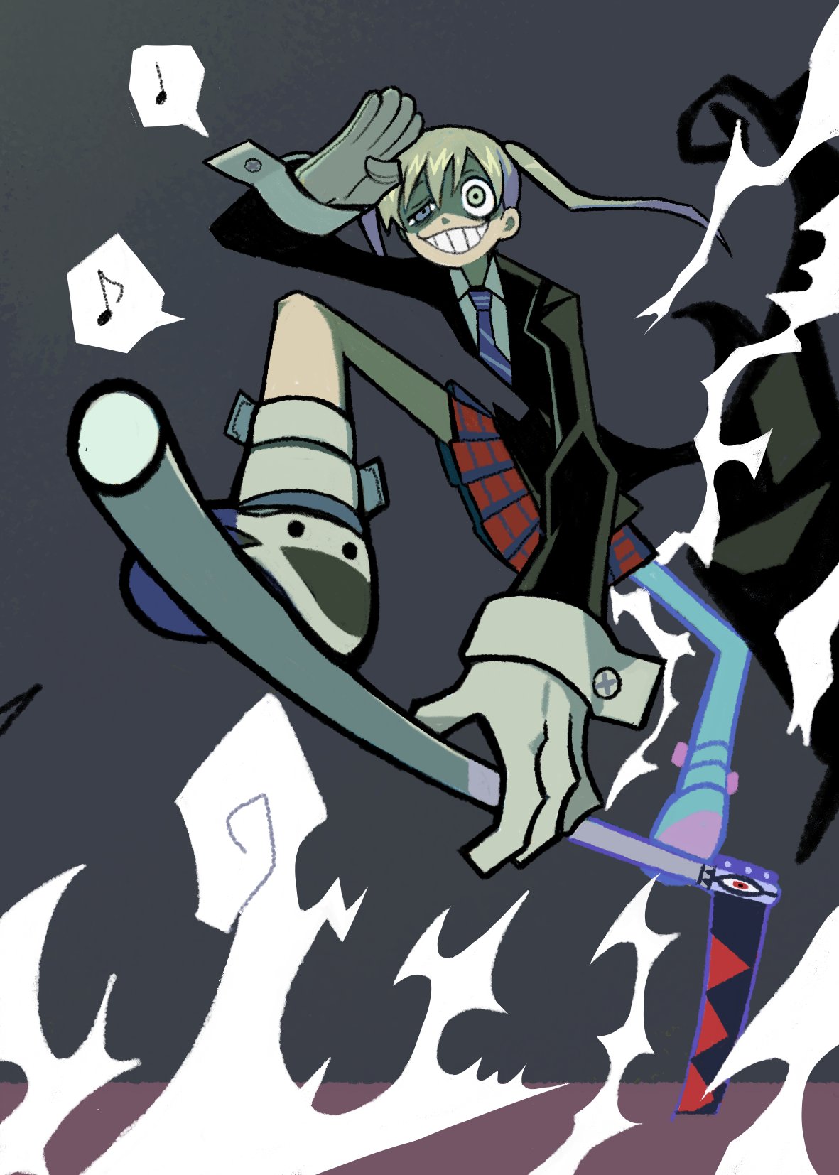 1girl, black_jacket, blonde_hair, collared_shirt, denaseey, eighth_note, grey_background, highres
