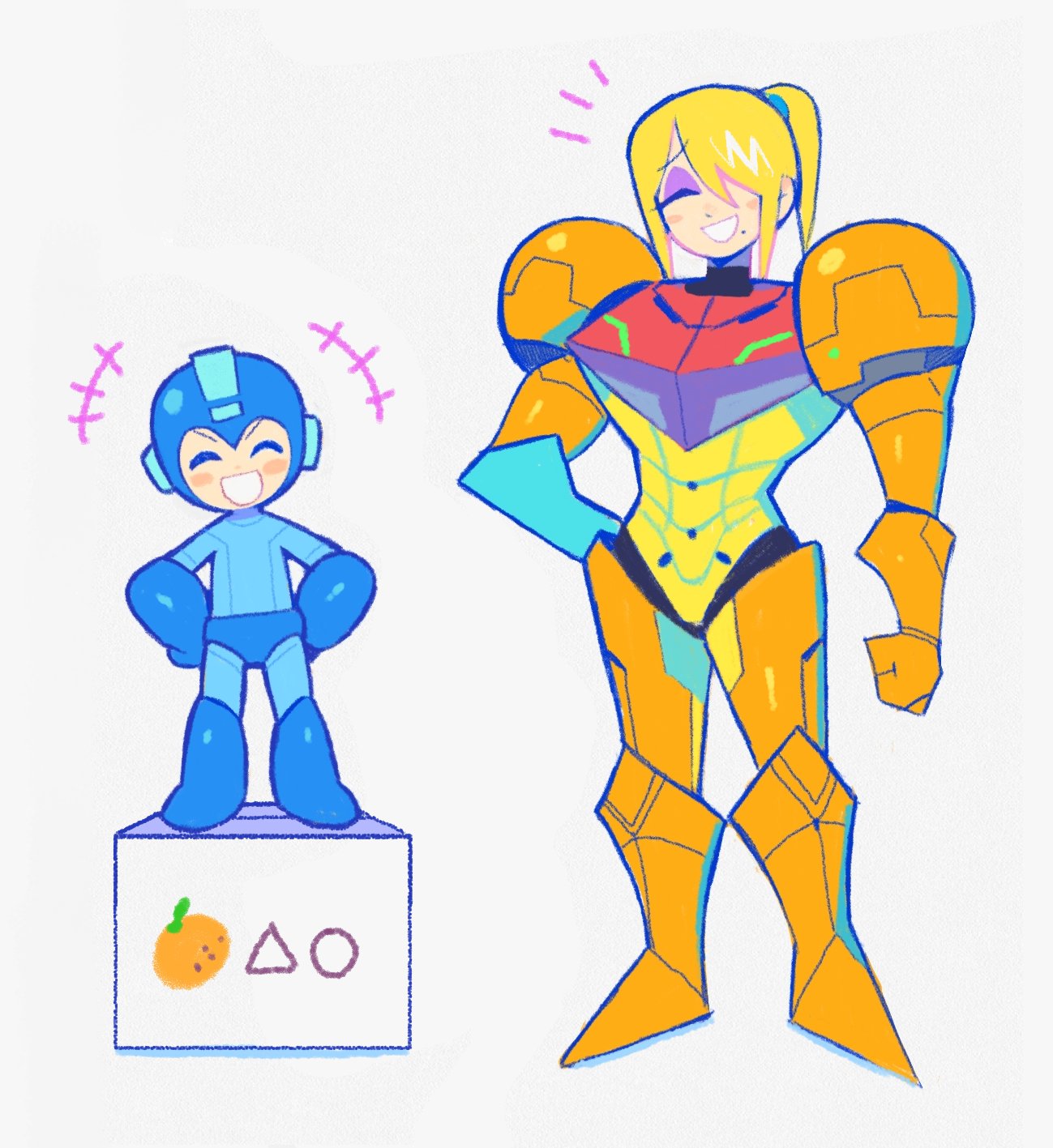 1boy, 1girl, adult, blonde_hair, blush, box, capcom, child, closed_eyes, denaseey, eyebrows_visible_through_hair, hair_over_one_eye, height_difference, highres, laughing, mega_man_(character), mega_man_(classic), mega_man_(series), megaman, megaman_(game), metroid, nintendo, nintendo_ead, open_mouth, ponytail, retro_studios, rockman, rockman_(character), rockman_(classic), samus_aran, simple_background, smile, sora_(company), standing, standing_on_object, super_smash_bros., white_background