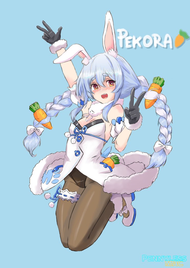 1girl, arm_up, artist_name, black_gloves, blue_background, blue_hair, blush, bow