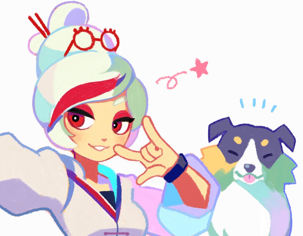 1girl, \m/, bracelet, denaseey, dog, eyewear_on_head, glasses, hair_bun