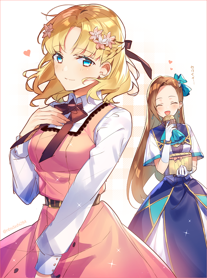 2girls, ascot, asymmetrical_bangs, bangs, basket, black_neckwear, black_ribbon, blonde_hair, blue_bow, blue_dress, blue_eyes, blue_neckwear, border, bow, braid, brown_hair, closed_eyes, closed_mouth, collared_shirt, crown_braid, dress, dress_shirt, earrings, eating, eyebrows_visible_through_hair, flower, food, gloves, hair_bow, hair_flower, hair_ornament, hair_ribbon, hand_on_own_chest, heart, holding, holding_food, jewelry, karisa_(nbsdashi284), katarina_claes, light_blush, long_dress, long_hair, long_sleeves, looking_at_viewer, maria_campbell, medium_hair, muffin_(sirumeria), multiple_girls, neck_ribbon, open_mouth, otome_game_no_hametsu_flag_shika_nai_akuyaku_reijou_ni_tensei_shite_shimatta, parted_bangs, pink_border, pink_dress, ribbon, shirt, short_sleeves, simple_background, smile, sparkle, twitter_username, white_background, white_gloves, white_shirt