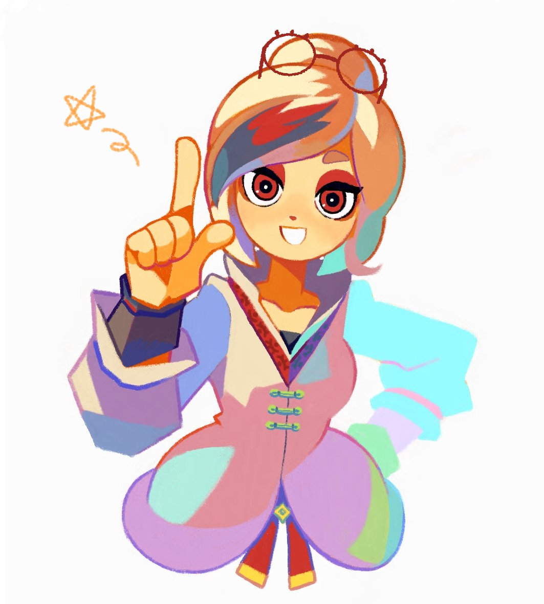 1girl, cropped_torso, denaseey, eyewear_on_head, hair_bun, hand_on_hip, hand_up, hyrule_warriors:_age_of_calamity