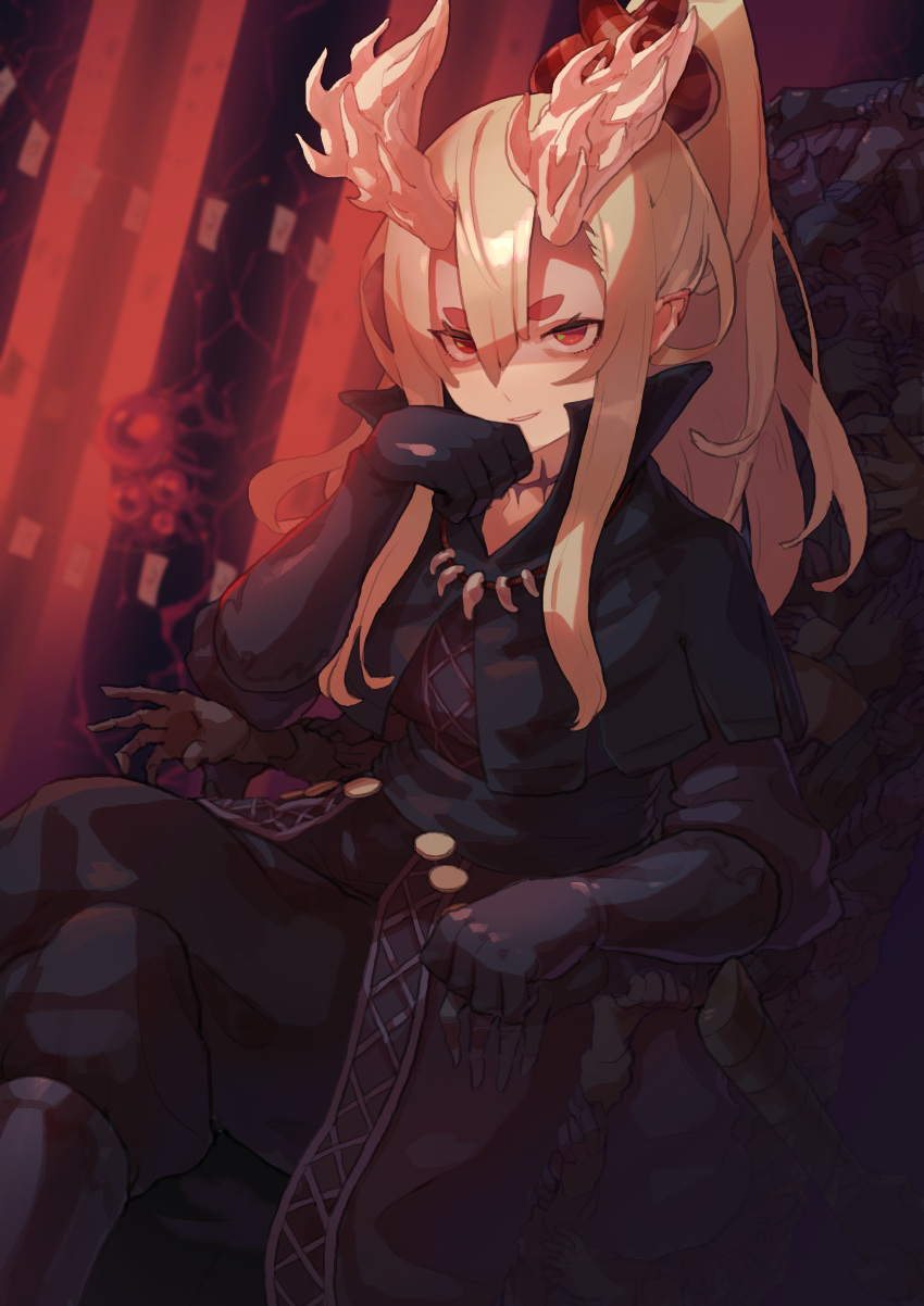 1girl, absurdres, black_capelet, black_pants, capelet, crossed_legs, gloves, grin, hand_up, highres, horns, horror_(theme), iga_(okame_nin), long_hair, looking_at_viewer, neck_scar, okame_nin, original, pants, parted_lips, ponytail, red_eyes, sitting, smile, solo, spiked_horns, surgical_scar, sword, throne, weapon