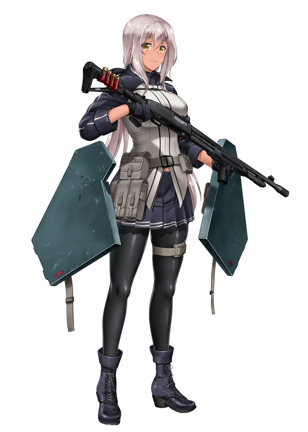1girl, armband, armor, belt, black_gloves, black_legwear, boots, building