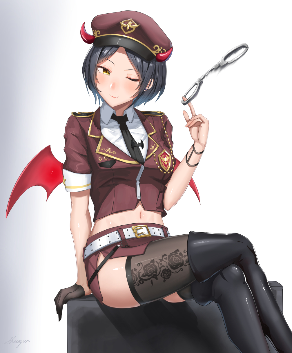1girl, ;), arm_support, bangs, belt, black_footwear, black_gloves, black_hair