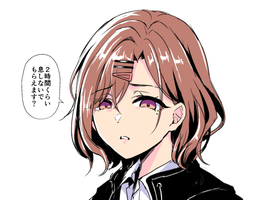 black_jacket, brown_hair, collared_shirt, disgust, eyebrows, eyebrows_visible_through_hair, frown, hair_ornament