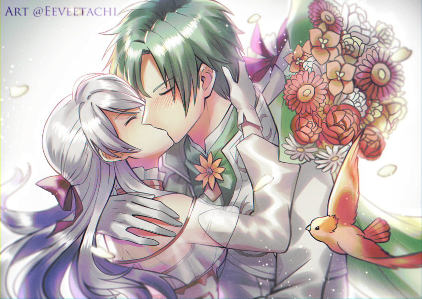1boy, 1girl, absurdres, artist_name, bangle, bare_shoulders, bird, blush, bouquet, bow, bracelet, bride, closed_eyes, couple, detached_sleeves, dress, eeveetachi, fire_emblem, fire_emblem:_radiant_dawn, fire_emblem_heroes, flower, frills, gloves, graphite_(medium), green_eyes, green_hair, half_updo, hetero, highres, hug, huge_filesize, jewelry, kiss, long_hair, micaiah_(fire_emblem), silver_hair, sleeveless, sleeveless_dress, sothe_(fire_emblem), traditional_media, twitter_username, wedding, white_gloves, yune_(fire_emblem)