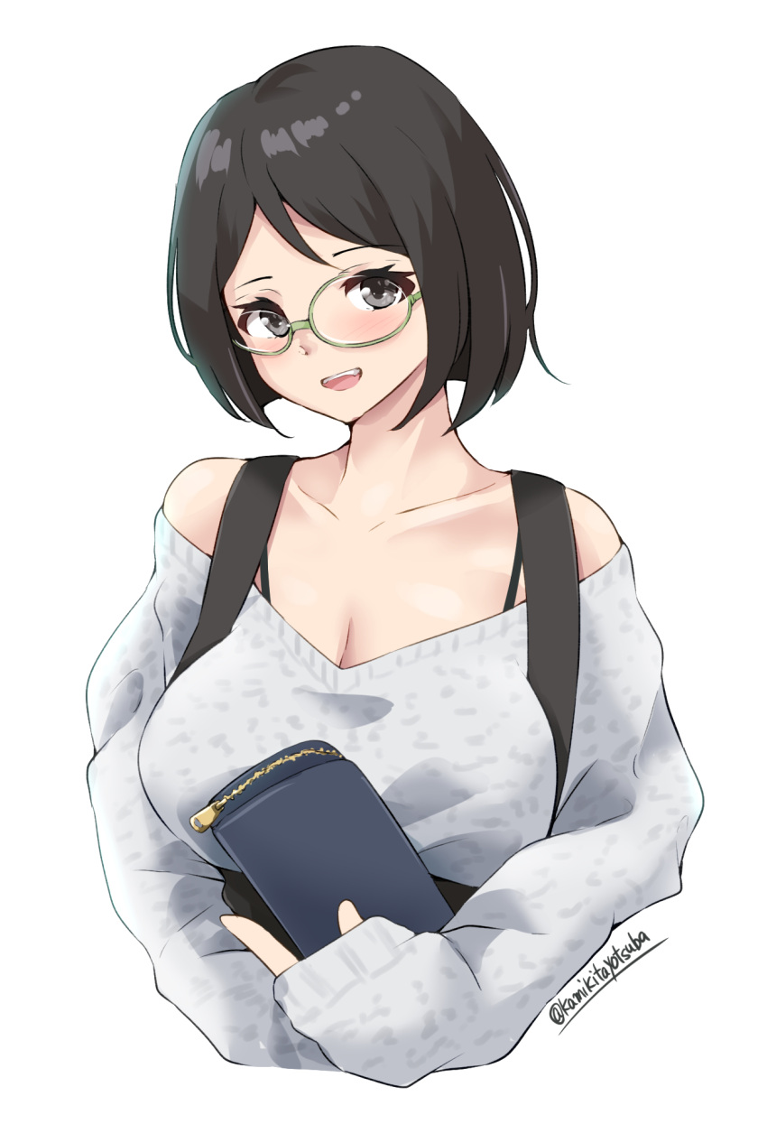 1girl, alternate_costume, bare_shoulders, black_hair, breasts, collarbone, glasses, green-framed_eyewear