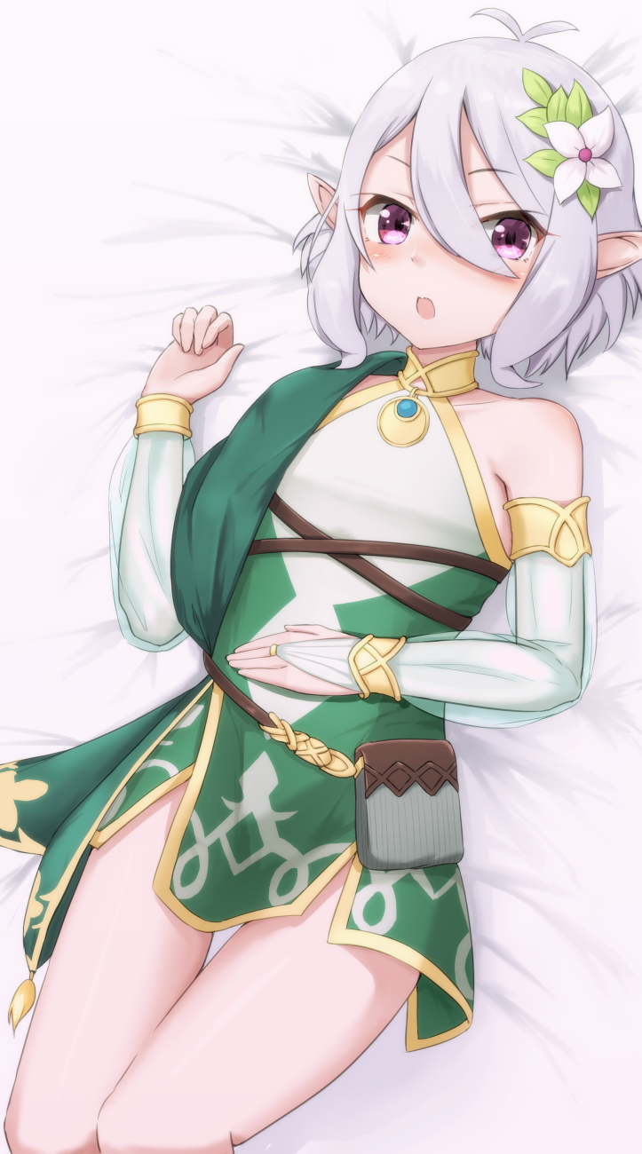 1girl, antenna_hair, bangs, bare_shoulders, bed_sheet, blush, detached_sleeves, dress