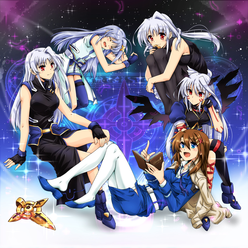 5girls, :d, absurdres, black_dress, black_legwear, blue_eyes, blue_footwear, blue_hair