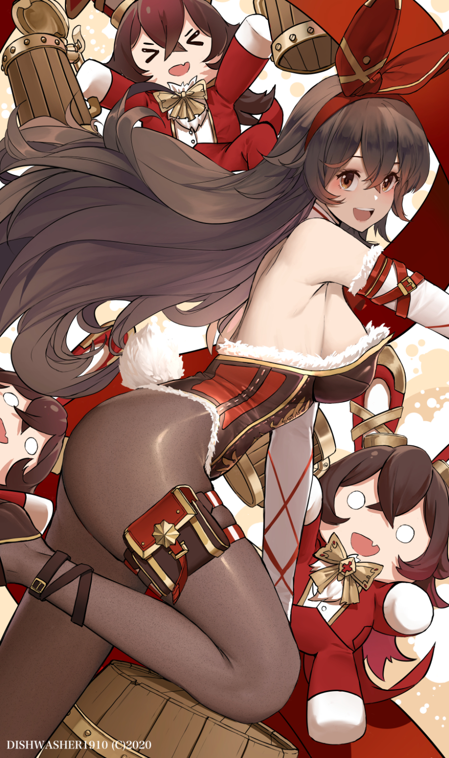 >_<, 1girl, :d, amber_(genshin_impact), armpits, ass, backless_leotard, bare_shoulders