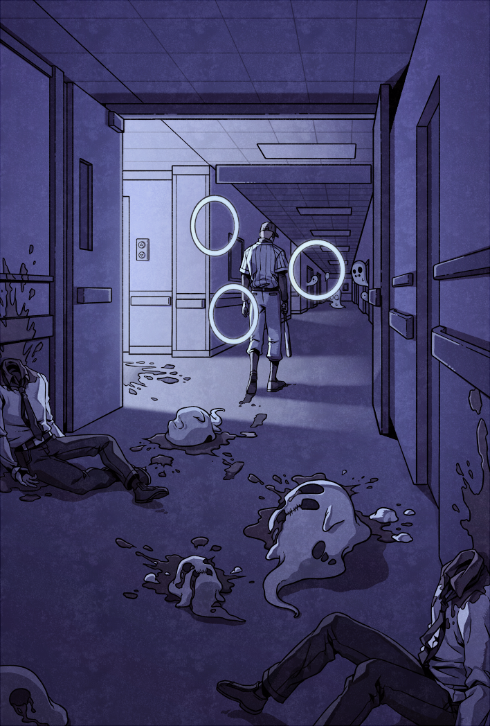 1boy, add-on_(off), baseball_bat, baseball_cap, baseball_uniform, blood, ghost, hallway