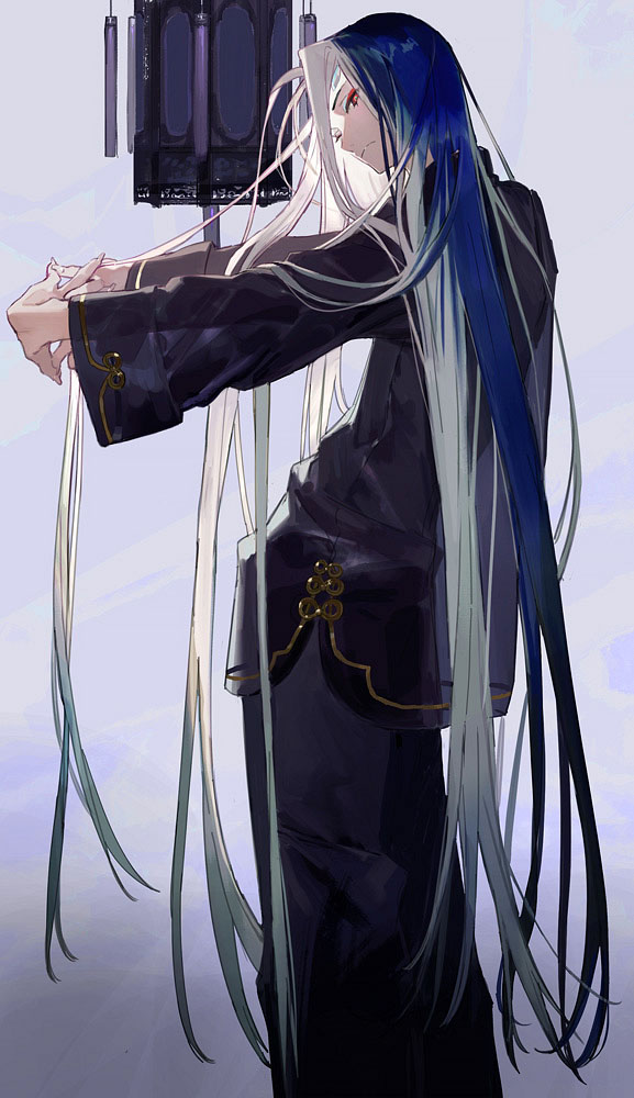 1boy, blue_hair, chinese_clothes, closed_mouth, fate/grand_order, fate_(series), fingernails, itefu, long_fingernails, long_hair, looking_back, male_focus, multicolored, multicolored_hair, qin_shi_huang, red_eyes, sharp_fingernails, solo, standing, stretch, very_long_hair, white_hair