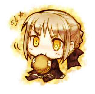 chibi, dark_saber, eating, fate/stay_night, fate_(series), food, hamburger, lowres