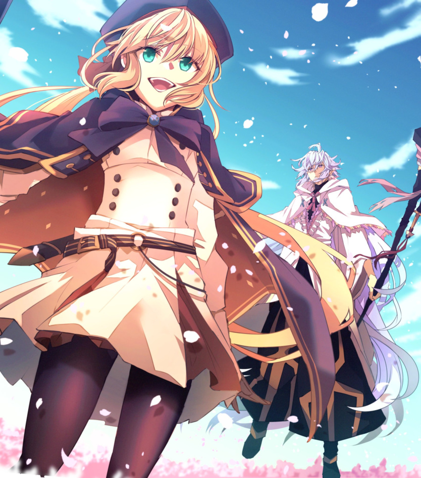 1boy, 1girl, :d, ahoge, artoria_pendragon_(all), artoria_pendragon_(caster), bangs, black_legwear