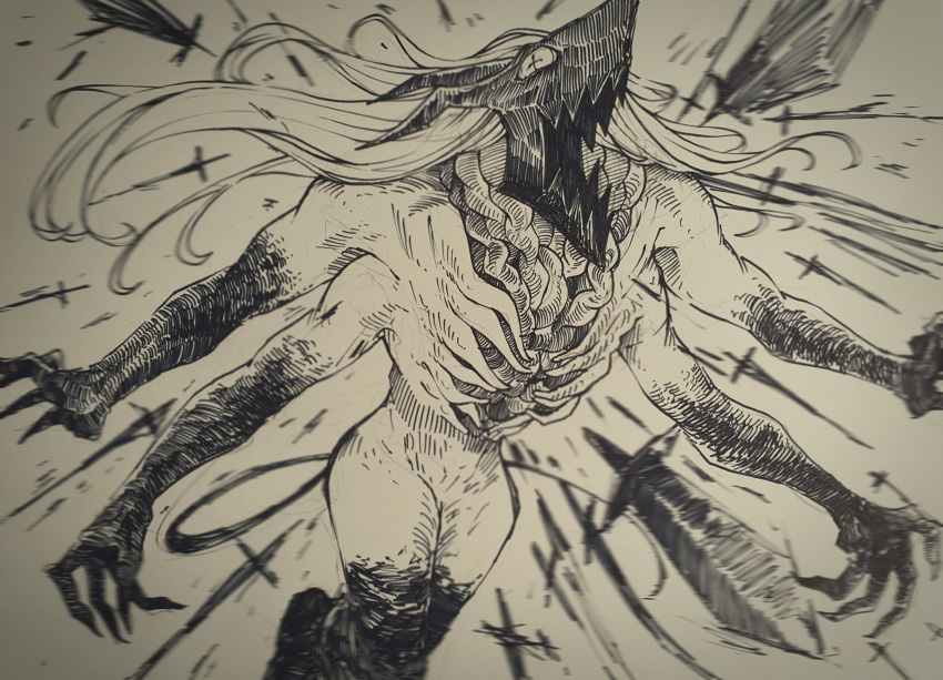 1girl, black_horns, black_tail, chainsaw_man, claws, crosshair_pupils, demon, demon_girl