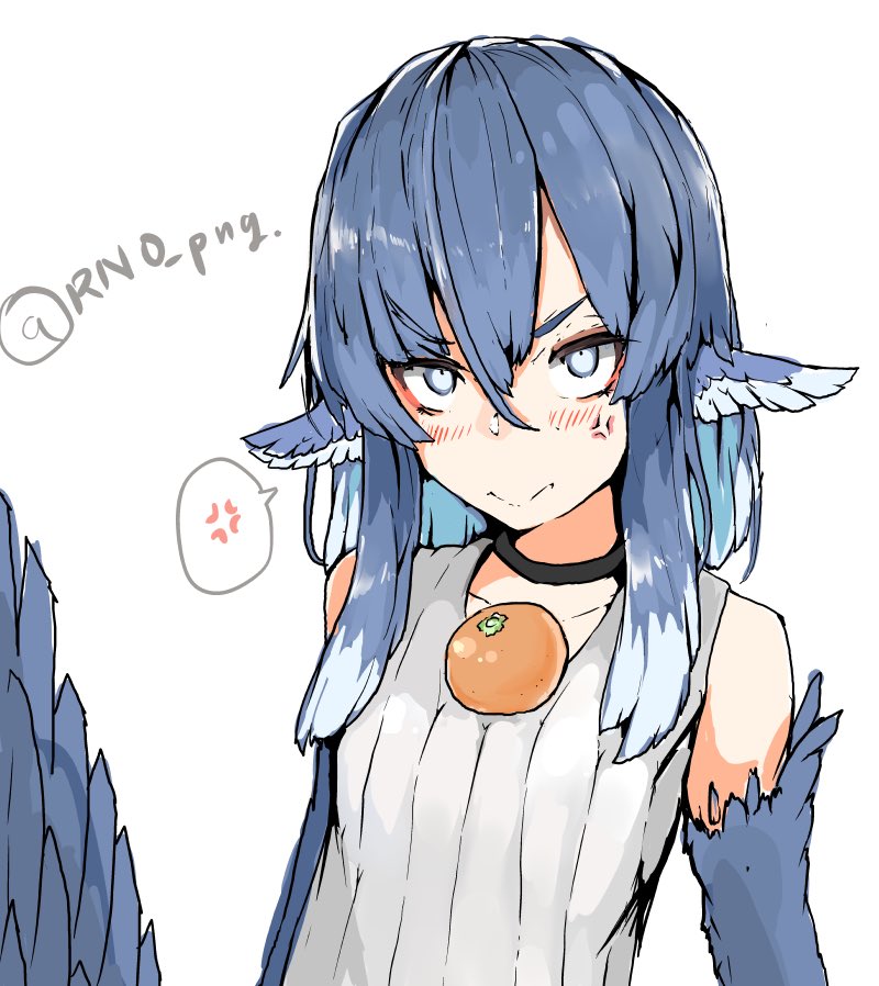 1girl, anger_vein, angry, animal_ears, bare_shoulders, bird_ears, blue_feathers, blue_hair