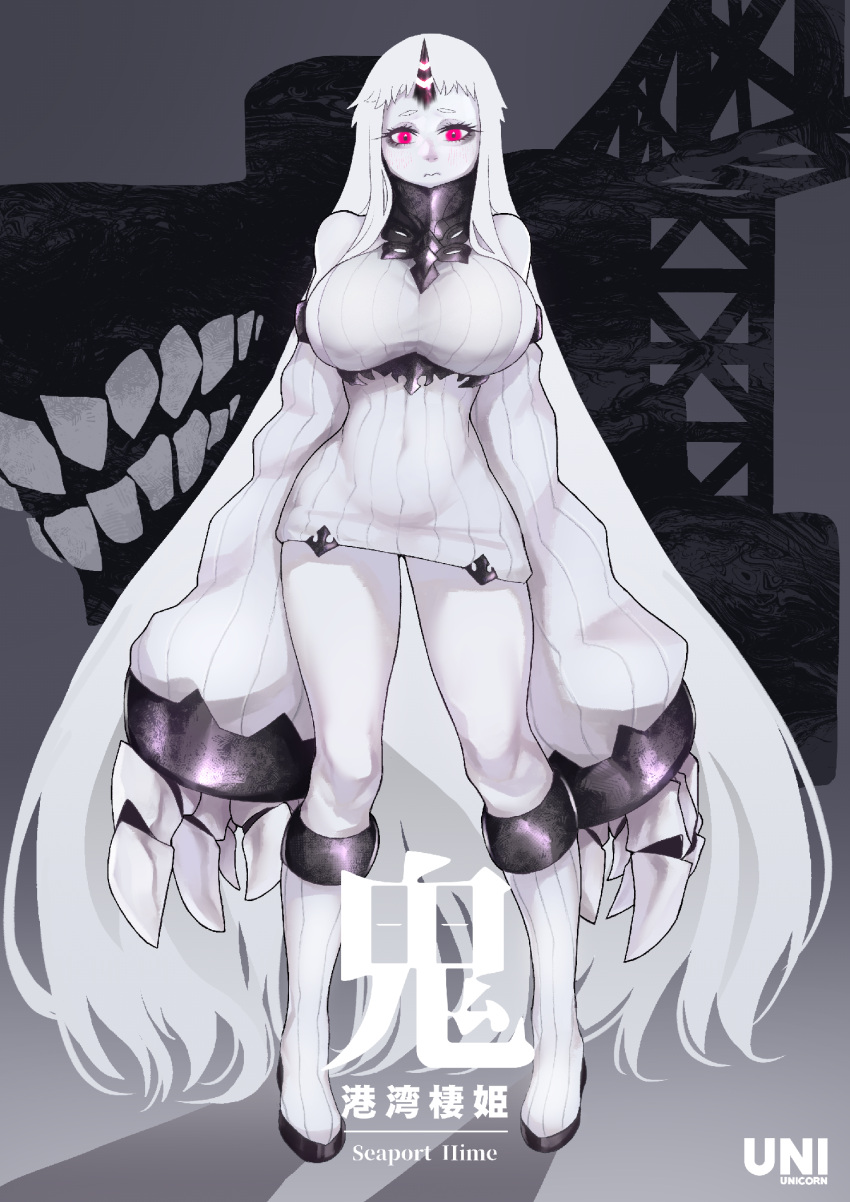 1girl, abyssal_ship, blush, breasts, character_name, claws, closed_mouth, covered_navel