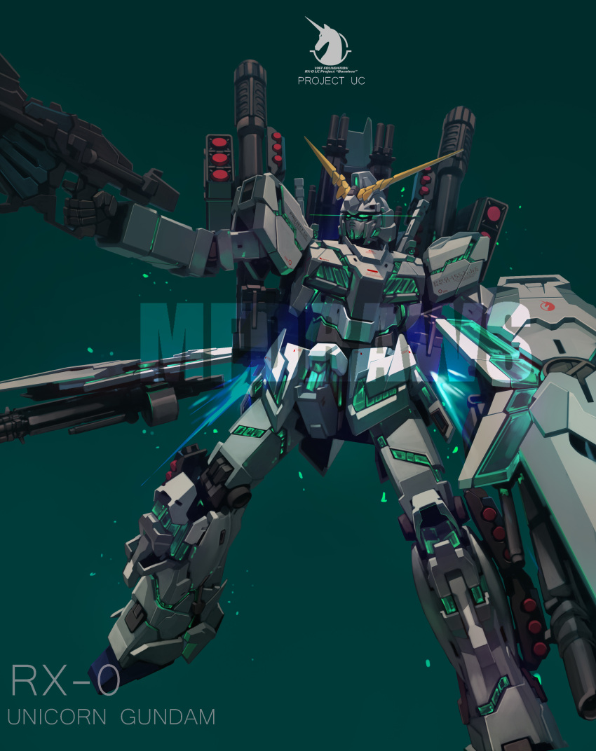 absurdres, artist_name, brayanong999, character_name, floating, full_armor_unicorn_gundam, green_background, green_eyes