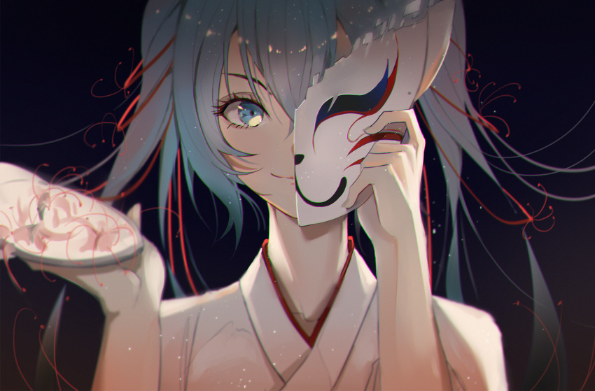 1girl, blue_eyes, blue_hair, fox_mask, hatsune_miku, highres, japanese_clothes, jijing_zishui
