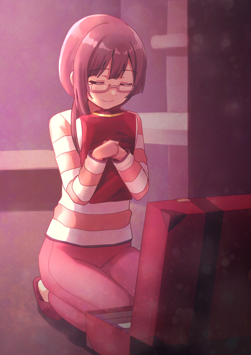 1girl, black_hair, closed_eyes, deadnooodles, glasses, highres, kneeling, long_hair