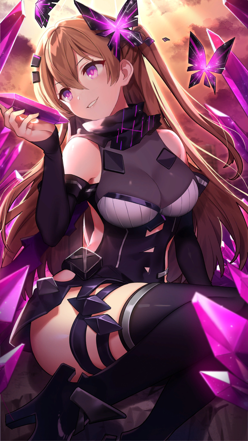 1girl, alternate_eye_color, amethyst_(gemstone), bare_shoulders, black_dress, black_footwear, boots, breasts