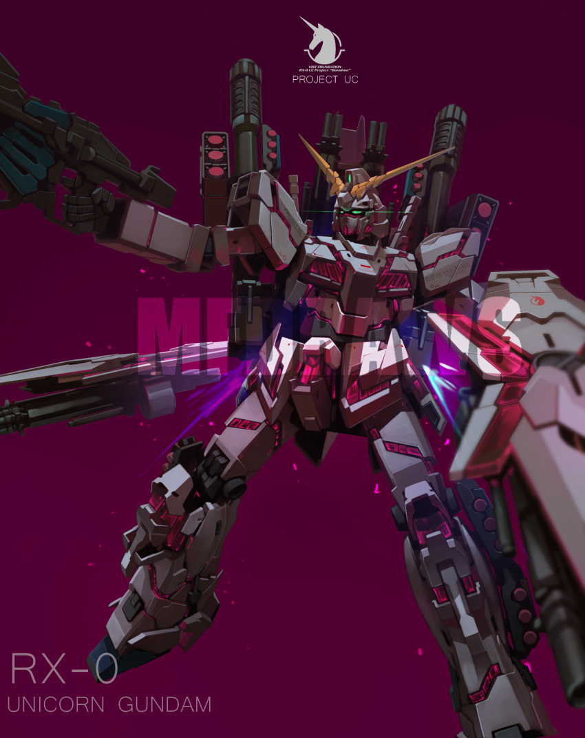 absurdres, artist_name, brayanong999, character_name, floating, full_armor_unicorn_gundam, green_eyes, gun, gundam, gundam_unicorn, highres, holding, holding_gun, holding_shield, holding_weapon, looking_ahead, mecha, missile_pod, no_humans, nt-d, red_background, shield, solo, unicorn_gundam, v-fin, watermark, weapon