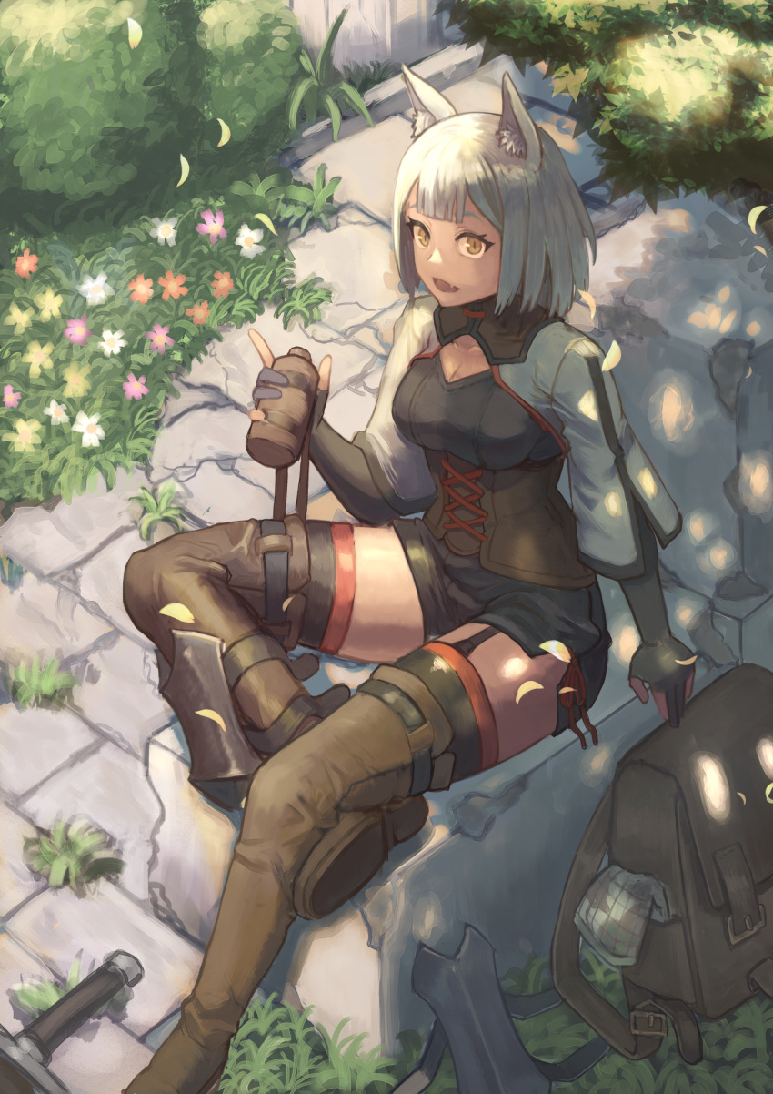 1girl, animal_ear_fluff, animal_ears, backpack, bag, bangs, black_legwear, blunt_bangs