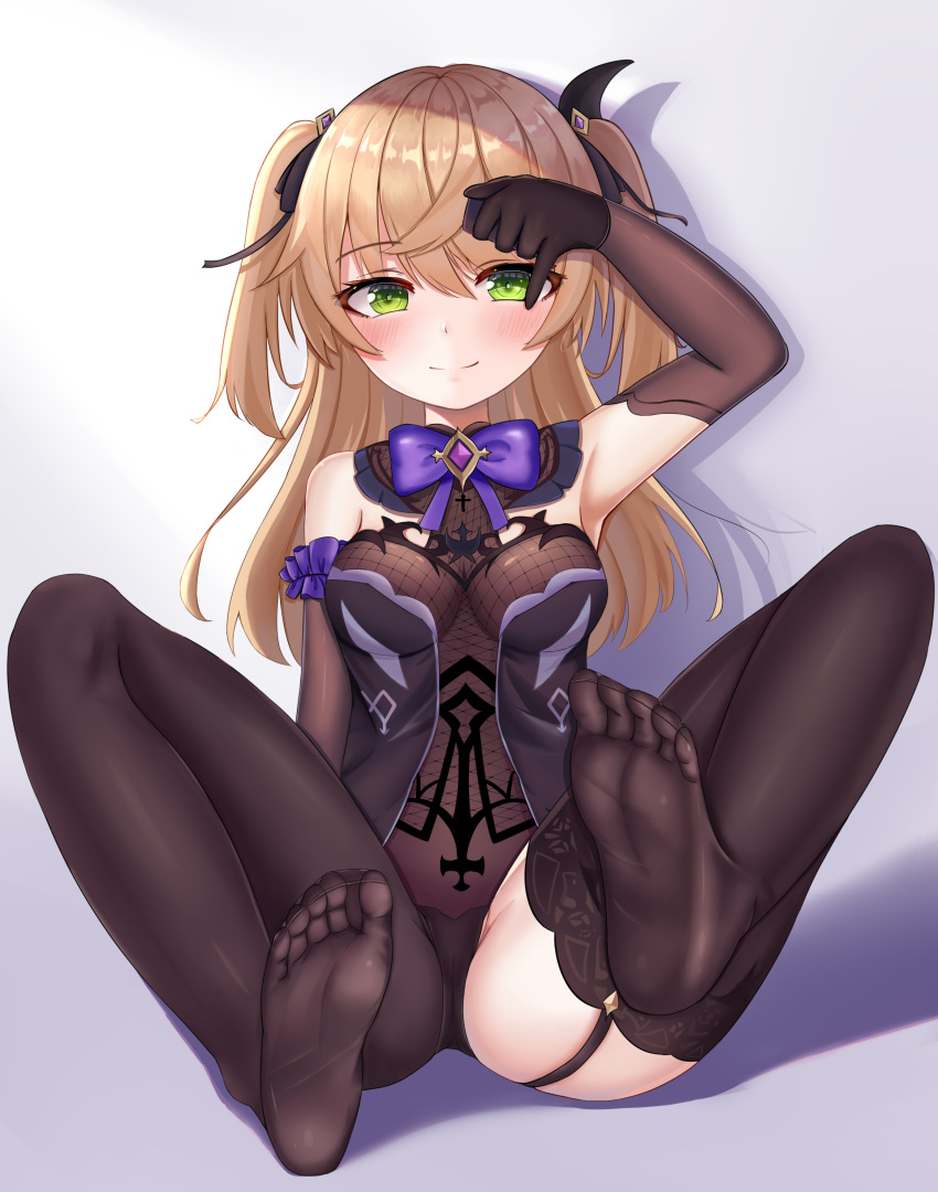 1girl, absurdres, black_dress, blonde_hair, blush, bodysuit, breasts, center_opening, closed_mouth, dress, eyepatch, eyepatch_removed, feet, fischl_(genshin_impact), fishnet_bodysuit, fishnets, full_body, garter_straps, genshin_impact, gloves, green_eyes, highres, m_legs, medium_breasts, no_shoes, reikyou, shadow, single_leg_pantyhose, single_thighhigh, sitting, smile, spread_legs, thigh-highs